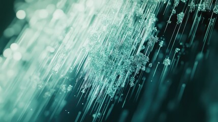 Abstract background showing thin, glowing lines resembling fiber optics or data streams connecting sparkling, crystalline particles, creating a complex and dynamic technological network