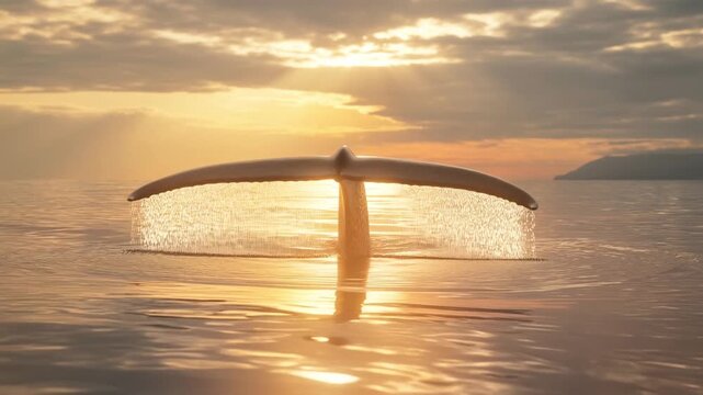 Majestic ballena jorobada whale tail at golden sunset over ocean