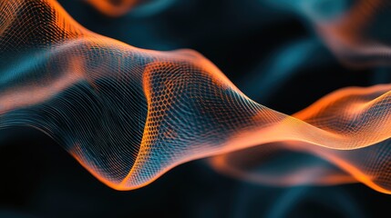 Abstract network of glowing orange and teal lines creating a dynamic, undulating digital wave representing data flow, energy, and interconnected technology