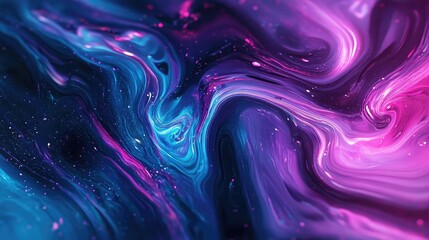 Fluid neon swirls of purple, blue and pink form a dynamic marbled background with shimmering particles, energetic motion and futuristic, cosmic digital texture for design