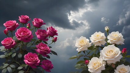 pink roses against blue sky