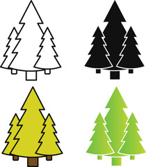 Obraz premium Four stylized evergreen trees in outline black silhouette yellow and green gradient