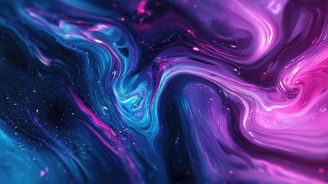 Fluid neon swirls of purple, blue and pink form a dynamic marbled background with shimmering particles, energetic motion and futuristic, cosmic digital texture for design - Powered by Adobe