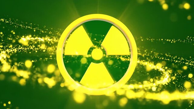 Animated radioactive symbol with glowing particles on a green background representing safety