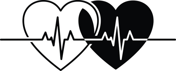 Intertwined Hearts with Heartbeat Line Monochrome Illustration of Cardiac Health and Love Symbolism