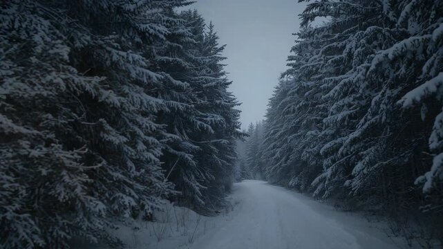 Panning camera revealing winding snowy road, showing path into pine trees with lit lantern on post