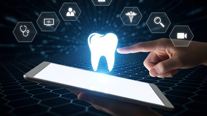 Hand touching glowing tooth icon above tablet with medical symbols finger