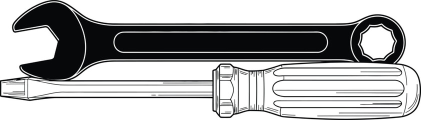Isolated Illustration of a Open End Wrench on Top of a Flat Head Screwdriver