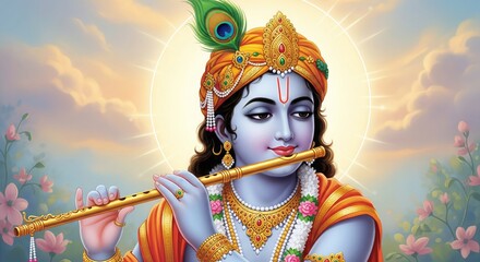 Lord Krishna With Floral Glow. Elegant Devotional Wallpaper. HD.