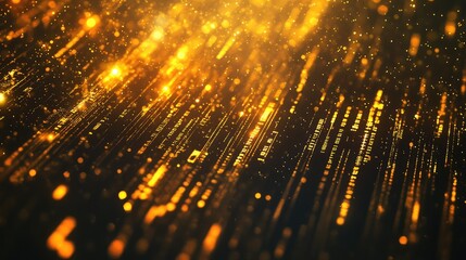 Golden particles and luminous lines are representing a digital circuit board background, demonstrating data transmission, technology, and futuristic concepts with an energetic glow