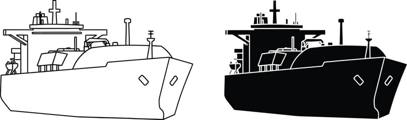 Outlined and Black Silhouette of a Cargo Ship Vessel on a White Background, Side View