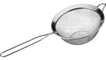 Stainless steel sieve with long handle kitchen utensil for straining and sifting isolated on white background for cooking and baking