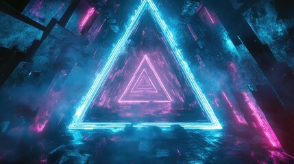 Abstract glowing neon triangles create a futuristic digital tunnel, radiating vibrant pink and blue light through a mysterious, textured concrete space, forming an endless geometric portal