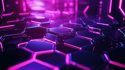 Futuristic abstract background presenting a network of interconnected glowing hexagons with vibrant neon pink and purple light, symbolizing technology, data, and digital innovation
