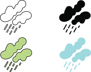 Four stylized rain cloud with falling raindrops in black white green and blue