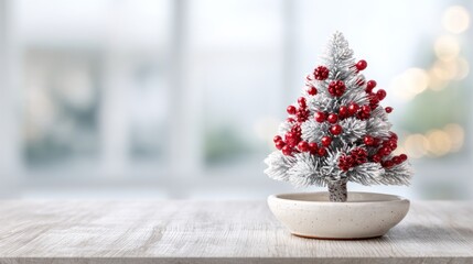 Fototapeta premium A small, white, snowy Christmas tree with red berries on a wooden table in front of a window with a blurred background.