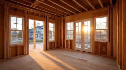 Interior of a house under construction featuring wooden framing and illuminated by warm sunset light