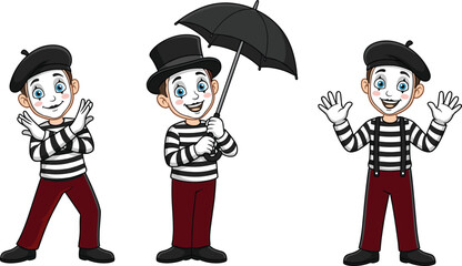 Cute cartoon mime character set with different poses, smiling face, striped costume, beret hat, umbrella, isolated  cartoon mime character set with different poses, smiling face, strip