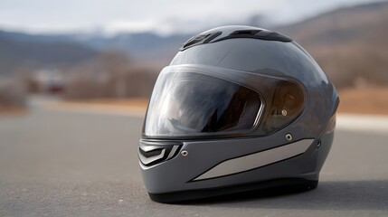 Fototapeta premium A grey motorcycle helmet rests on an asphalt road with a blurred mountainous landscape in the background