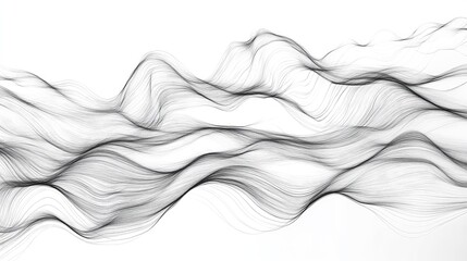 Abstract wavy lines forming a dynamic network visualization, representing data, sound, or liquid flow with a subtle, intricate pattern on a clean white background