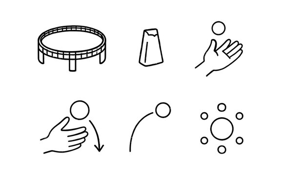 Set of simple line icons depicting elements of a circus performance and juggling