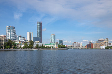 Fototapeta premium Modern high-rise buildings on the Iset embankment. Yekaterinburg