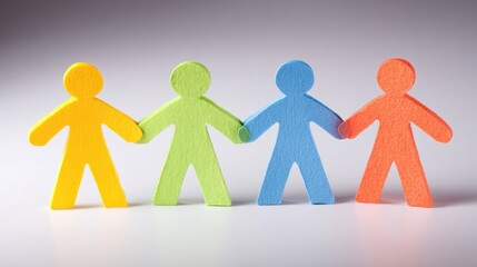 Four colorful paper cutout figures holding hands in a line.