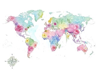 Artistic Watercolor World Map Decorated with Colorful Flowers and Botanical Elements on a White Background with a Compass Rose Detailed Illustration