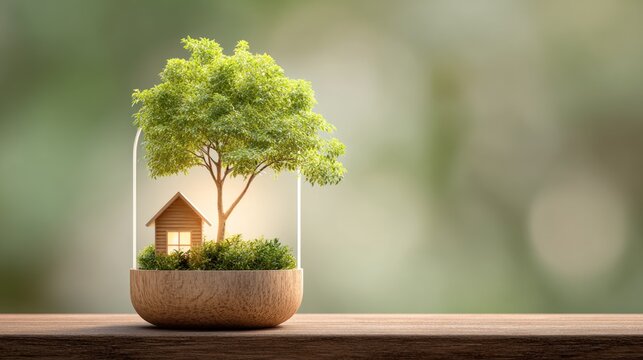 A small wooden house with a green roof and a tree growing out of it, placed in a glass jar on a wooden table with a blurred green background.