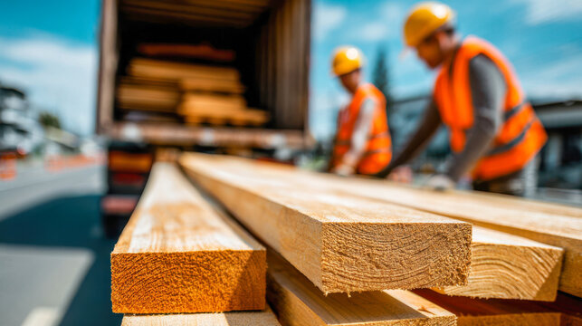 Construction workers unload wooden beams from a delivery truck on a sunny day at a work site near the city