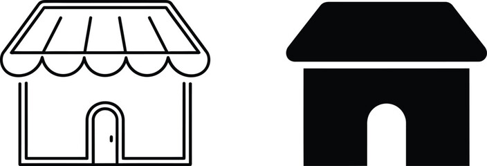 Two Shop Icons One Detailed Outline, One Solid Black Minimalist Building Representation