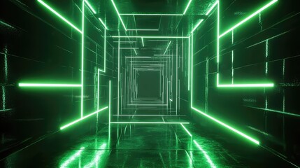 Abstract neon green digital corridor receding to a vanishing point, symbolizing high speed data flow, network infrastructure, cyberspace, and virtual communication pathways