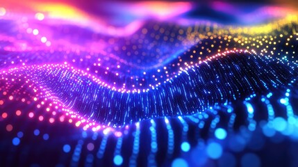 Digital wave particles create a glowing, colorful abstract background, visualizing data flow, network connections, and technological concepts across a dynamic surface
