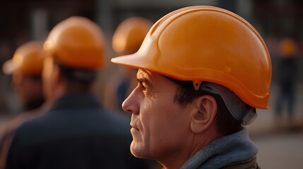 Close up profile of a construction worker wearing a bright orange hard hat with blurred colleagues in the background at dawn