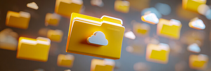 Collection of floating yellow folders with cloud symbols against a dark background showcasing data storage concept