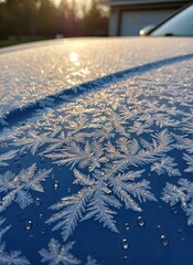 Close up Macro Shot Of Intricate Frost Patterns On A Blue Car Hood During Golden Hour Sunrise With Sparkling Ice Crystals And Water Droplets