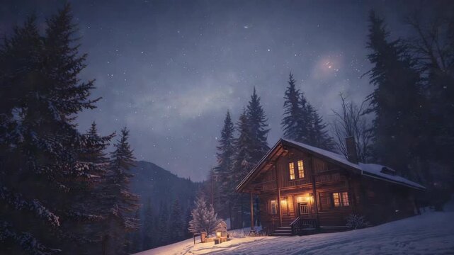 Panning camera revealing wooden cabin on slope, showing warm porch glow, falling snow, copy space