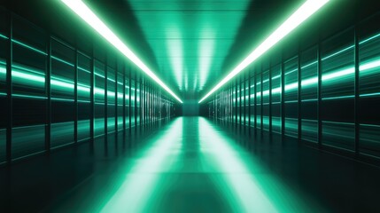 Abstract digital tunnel showing a modern high tech infrastructure and reflecting dynamic neon green light, representing connectivity, data transmission, and the future of technology and computing