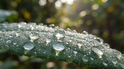 Macro Close-Up of Fresh Dewdrops on Green Leaf in Morning Light