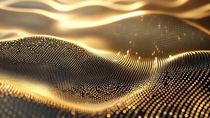 Golden glowing artificial intelligence data points creating an intricate abstract wave pattern, representing digital connections, streaming networks, and dynamic technological concepts