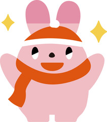 輝きと両手をあげた赤いマフラーとサンタ帽子の笑顔のピンクのうさぎ