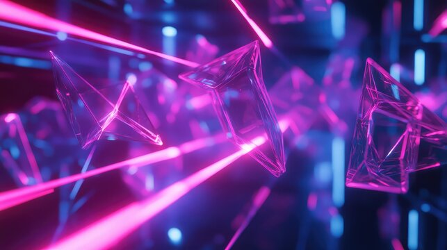 Transparent geometric polyhedrons glide through neon pink and blue light rays, suggesting futuristic data flow, digital networks, and immersive cybernetic information processing - Powered by Adobe