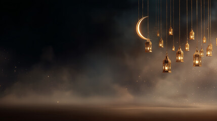 Ramadan Mubarak Lanterns And Crescent On Dark Background