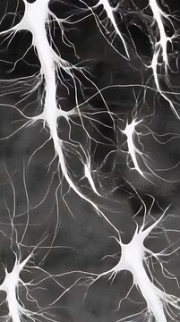 Abstract black and white illustration depicting a network of neurons symbolizing interconnectedness brain function artificial intelligence and complex systems in a modern design style
