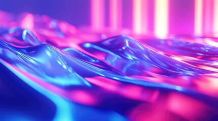 Abstract wavy fluid surface reflecting vibrant blue and pink neon lights, creating a dynamic background for futuristic technology, data, and digital concepts