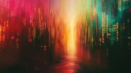 Vibrant vertical glowing lines create an abstract urban landscape with a central reflective pathway, symbolizing data flow, technology, and connection in a futuristic environment