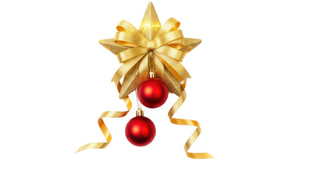 A Christmas star with a gold bow and red baubles against a white background.