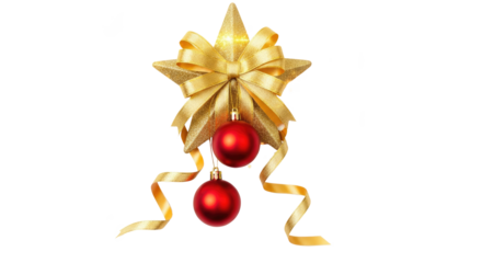 A Christmas star with a gold bow and red baubles against a white background.