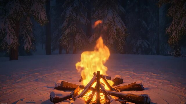 Flickering campfire with tepee logs growing taller in snowy clearing as breeze stirring embers