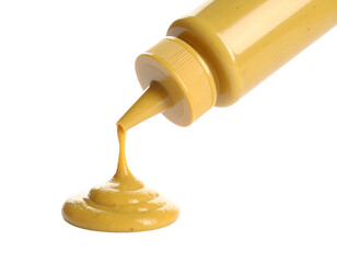 Mustard Bottle Pouring on White Background Isolated